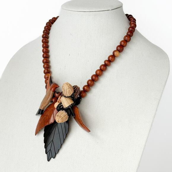 Carved Wood Hummingbird Statement Necklace Vtg Chunky Boho 1970s Beaded Handmade - Picture 5 of 13
